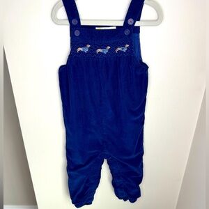 Mini Boden Navy Dog Smocked Overalls Size 18-24M